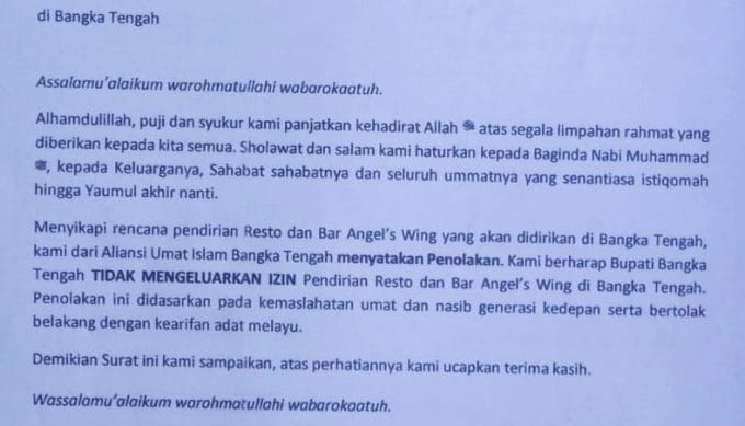 Terdapat Bar dan Minjol, Aliansi Umat Islam Bangka Tengah Tolak Kehadiran Angels Wing