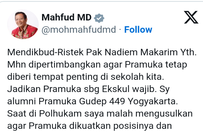 Pernah Jadi Alumni Gudep 449 Yogyakarta, Mahfud MD Tidak Setuju Pramuka Dihapus dari Ekskul Wajib Sekolah